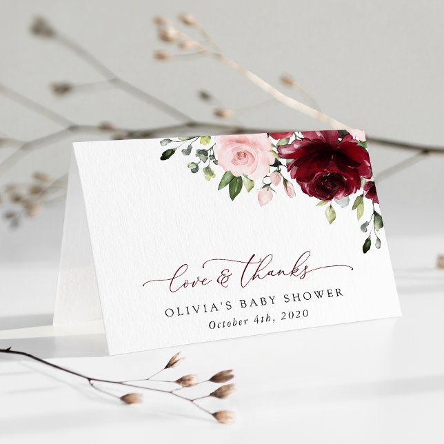 Burgundy Flowers, Pink Flowers, Boho, Baby Shower Thank You Card (Creator Uploaded)