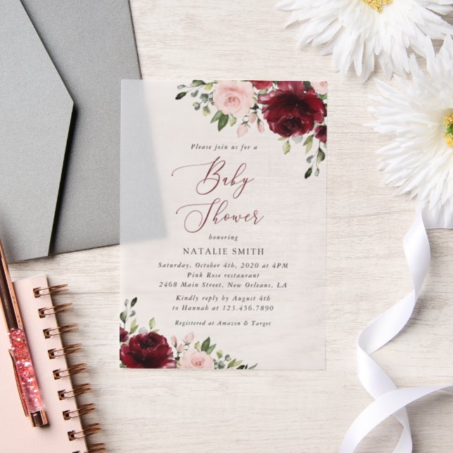 Burgundy Flowers, Pink Flowers, Boho, Baby Shower Vellum Invitations (Wedding)