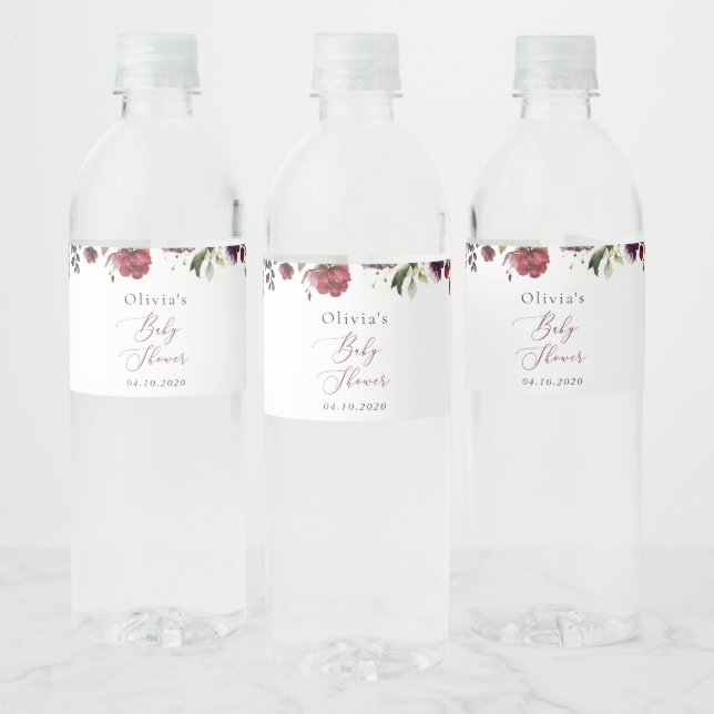 Burgundy Flowers, Pink Flowers, Boho, Baby Shower Water Bottle Label (Bottles)