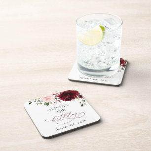 Burgundy Flowers, Pink Flowers, Boho, Birthday Coaster