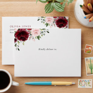 Burgundy Flowers, Pink Flowers, Boho, Birthday Envelope