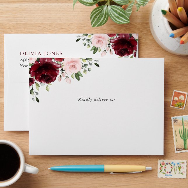 Burgundy Flowers, Pink Flowers, Boho, Birthday Envelope (Desk)