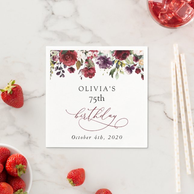 Burgundy Flowers, Pink Flowers, Boho, Birthday Napkin (Insitu)