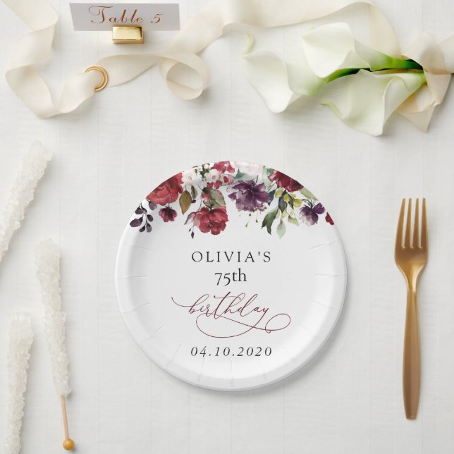 Burgundy Flowers, Pink Flowers, Boho, Birthday Paper Plate (Wedding)