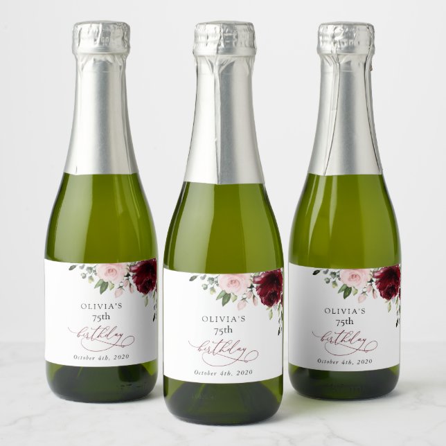 Burgundy Flowers, Pink Flowers, Boho, Birthday Sparkling Wine Label (Bottles)