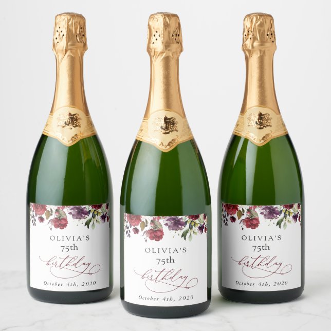Burgundy Flowers, Pink Flowers, Boho, Birthday Sparkling Wine Label (Bottles)