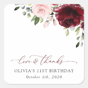 Burgundy Flowers, Pink Flowers, Boho, Birthday Square Sticker