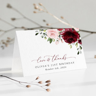 Burgundy Flowers, Pink Flowers, Boho, Birthday Thank You Card