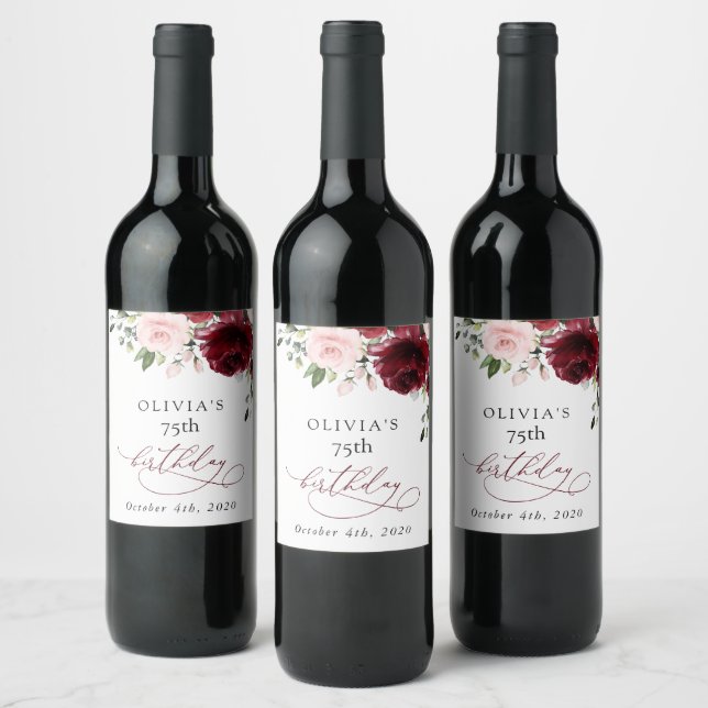 Burgundy Flowers, Pink Flowers, Boho, Birthday Wine Label (Bottles)