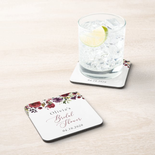 Burgundy Flowers, Pink Flowers, Boho Bridal Shower Coaster (Right Side)