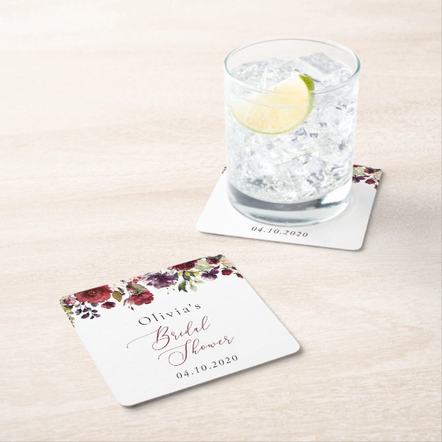 Burgundy Flowers, Pink Flowers, Boho Bridal Shower Square Paper Coaster (Insitu)
