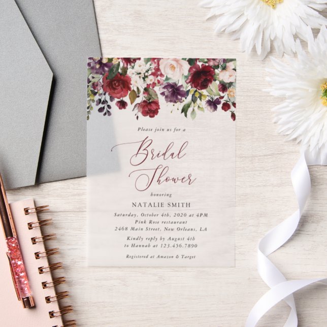 Burgundy Flowers, Pink Flowers, Boho Bridal Shower Vellum Invitations (Wedding)