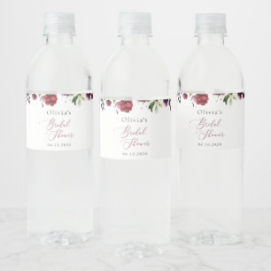 Burgundy Flowers, Pink Flowers, Boho Bridal Shower Water Bottle Label
