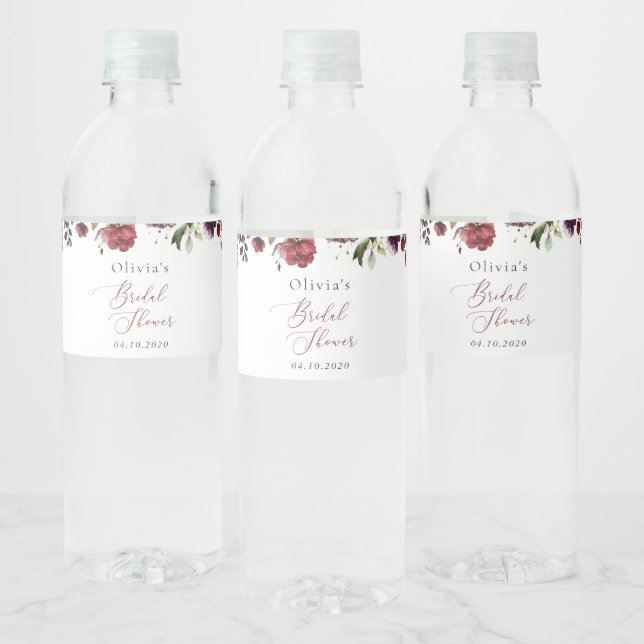 Burgundy Flowers, Pink Flowers, Boho Bridal Shower Water Bottle Label (Bottles)