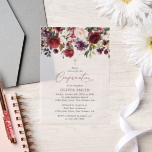 Burgundy Flowers, Pink Flowers, Boho, Confirmation Vellum Invitations