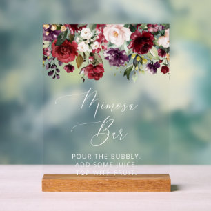 Burgundy Flowers, Pink Flowers, Boho, Mimosa Bar  Acrylic Sign
