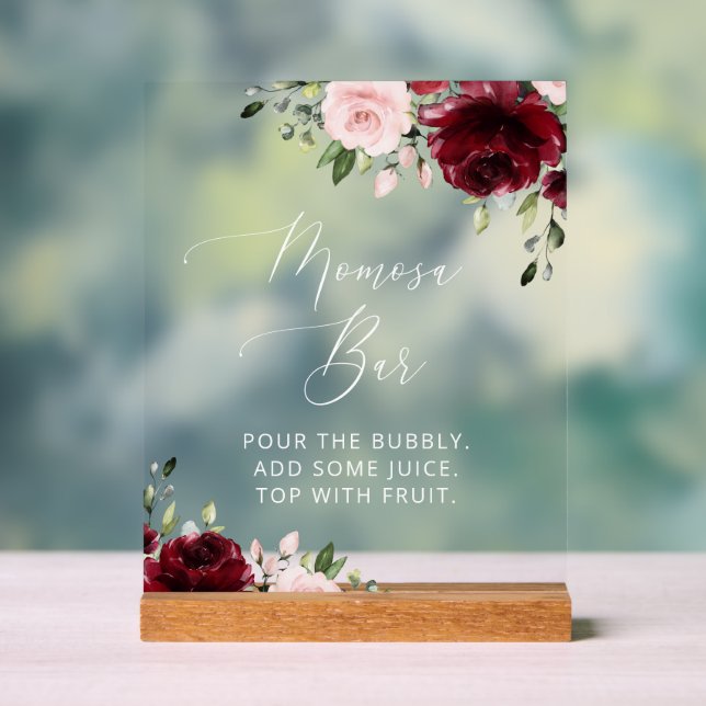 Burgundy Flowers, Pink Flowers, Boho, Momosa Bar Acrylic Sign (Neutral)