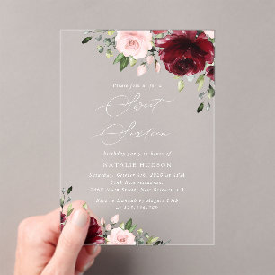 Burgundy Flowers, Pink Flowers, Boho, Sweet 16 Acrylic Invitations
