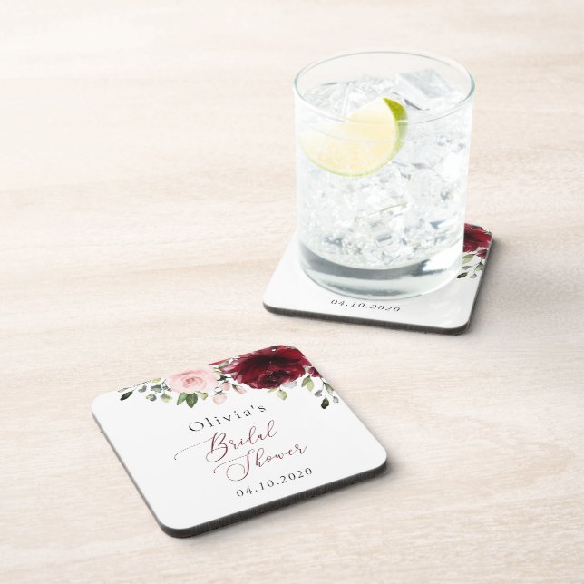 Burgundy Flowers, Pink Flowers, Bridal Shower Coaster (Right Side)