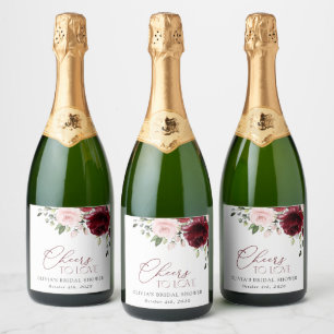 Burgundy Flowers, Pink Flowers, Bridal Shower Sparkling Wine Label