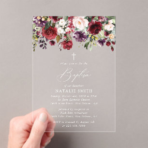 Burgundy Flowers, Pink Flowers, Floral Baptism Acrylic Invitations