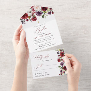 Burgundy Flowers, Pink Flowers, Floral Baptism All In One Invitation