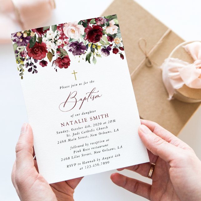 Burgundy Flowers, Pink Flowers, Floral Baptism Invitation (Creator Uploaded)