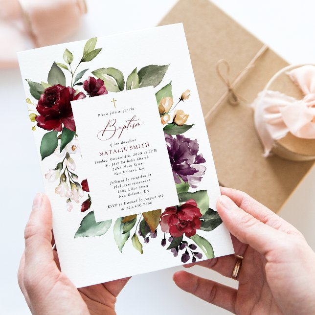 Burgundy Flowers, Pink Flowers, Floral Baptism Invitation (Creator Uploaded)