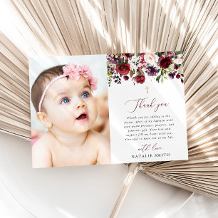 Burgundy Flowers, Pink Flowers, Floral Baptism Thank You Card