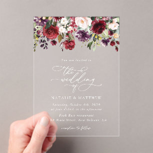 Burgundy Flowers, Pink Flowers, Greenery, Wedding Acrylic Invitations