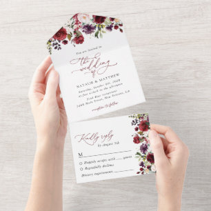 Burgundy Flowers, Pink Flowers, Greenery, Wedding All In One Invitation