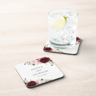 Burgundy Flowers, Pink Flowers, Greenery, Wedding Coaster