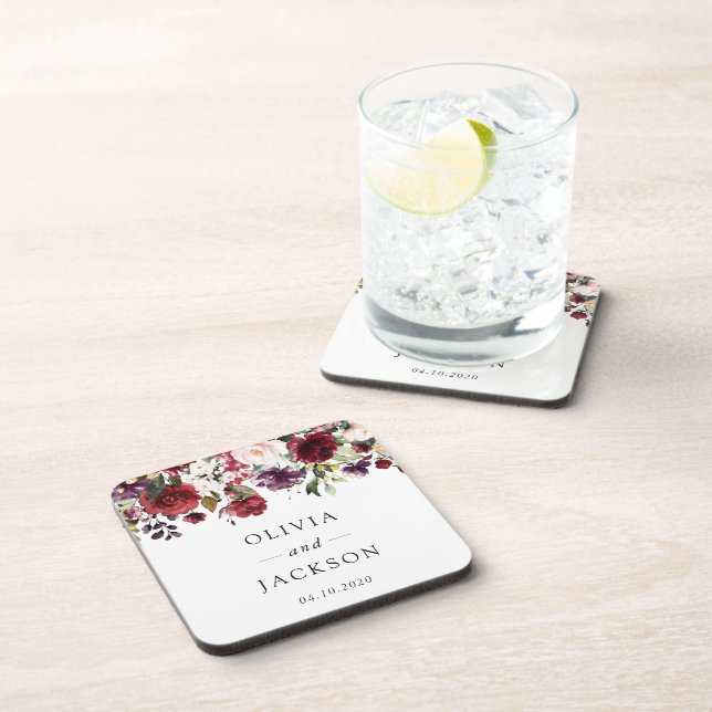 Burgundy Flowers, Pink Flowers, Greenery, Wedding Coaster (Right Side)