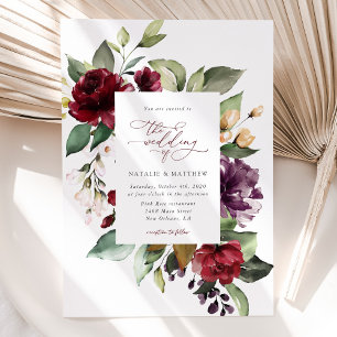 Burgundy Flowers, Pink Flowers, Greenery, Wedding Invitation