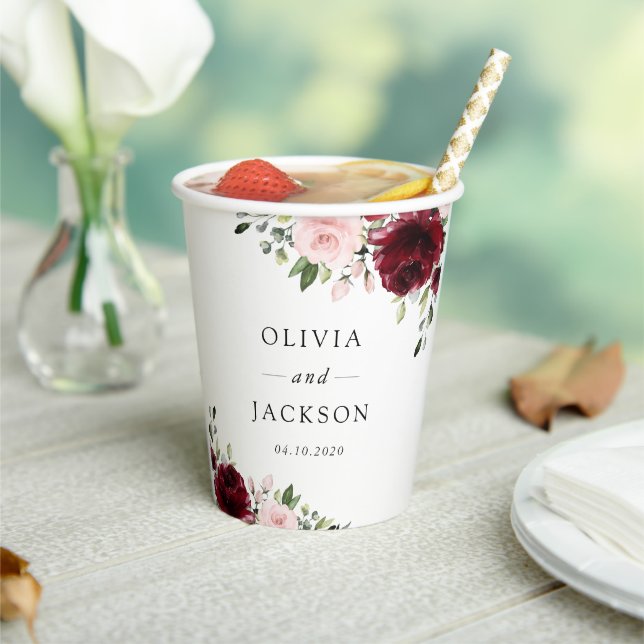 Burgundy Flowers, Pink Flowers, Greenery, Wedding Paper Cups (Insitu)