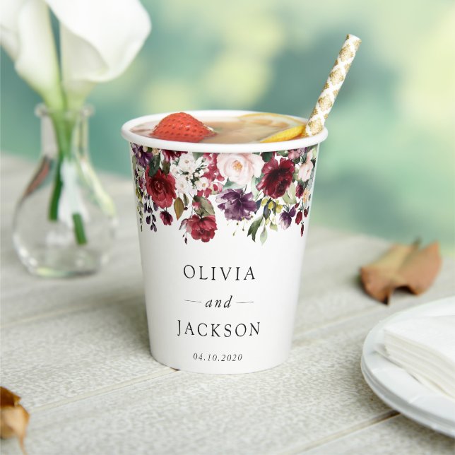 Burgundy Flowers, Pink Flowers, Greenery, Wedding Paper Cups (Insitu)