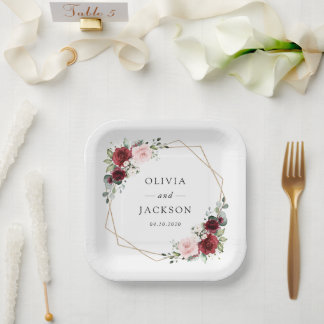 Burgundy Flowers, Pink Flowers, Greenery, Wedding Paper Plate