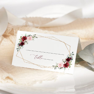 Burgundy Flowers, Pink Flowers, Greenery, Wedding Place Card