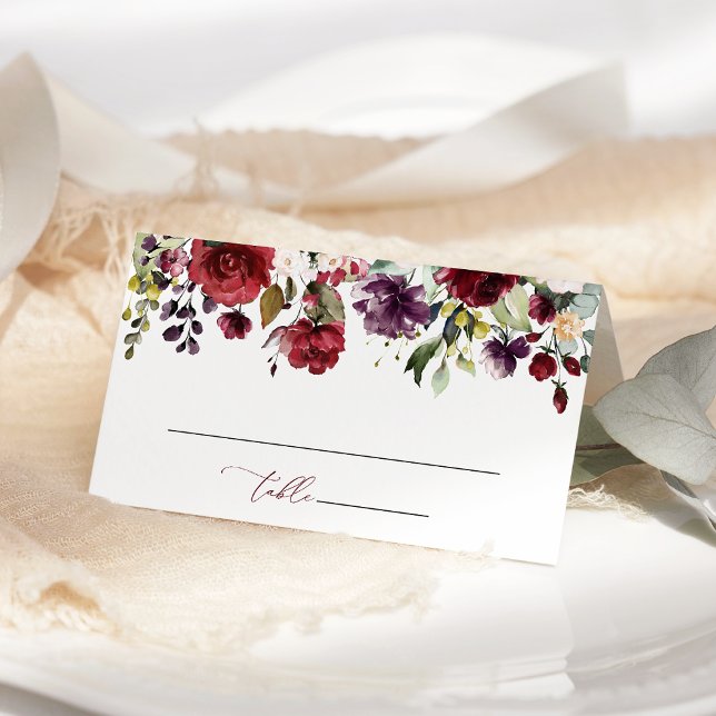 Burgundy Flowers, Pink Flowers, Greenery, Wedding Place Card (Creator Uploaded)