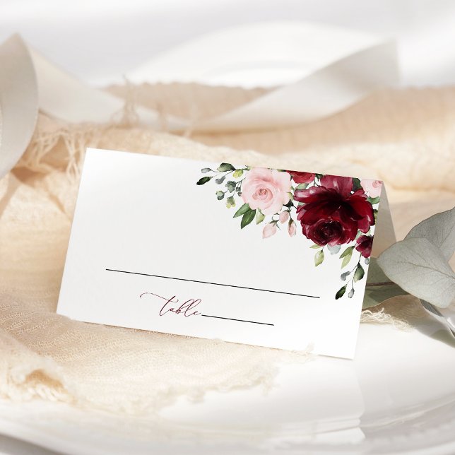 Burgundy Flowers, Pink Flowers, Greenery, Wedding Place Card (Creator Uploaded)