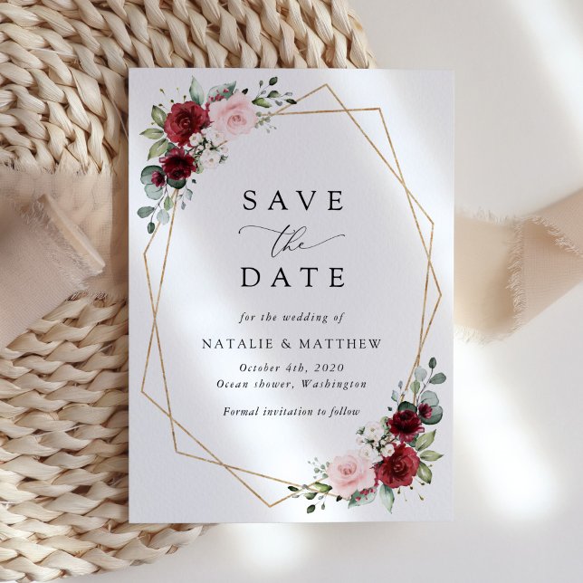 Burgundy Flowers, Pink Flowers, Greenery, Wedding Save The Date (Creator Uploaded)