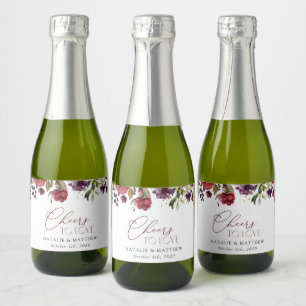 Burgundy Flowers, Pink Flowers, Greenery, Wedding Sparkling Wine Label