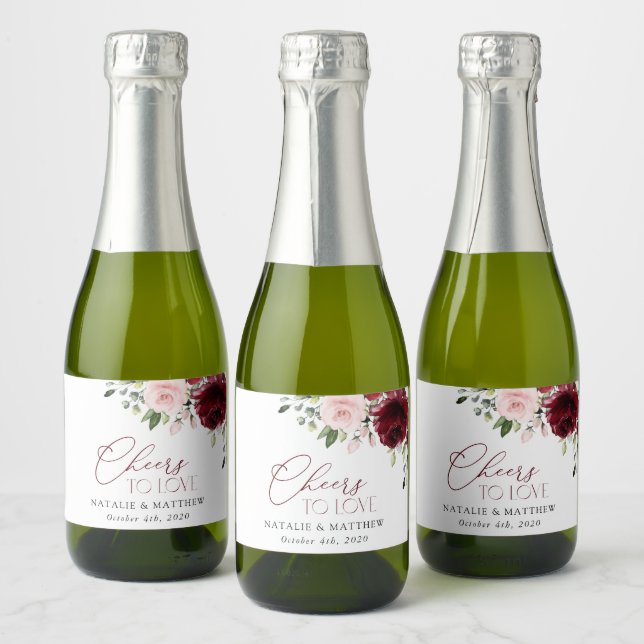Burgundy Flowers, Pink Flowers, Greenery, Wedding Sparkling Wine Label (Bottles)