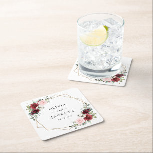 Burgundy Flowers, Pink Flowers, Greenery, Wedding Square Paper Coaster
