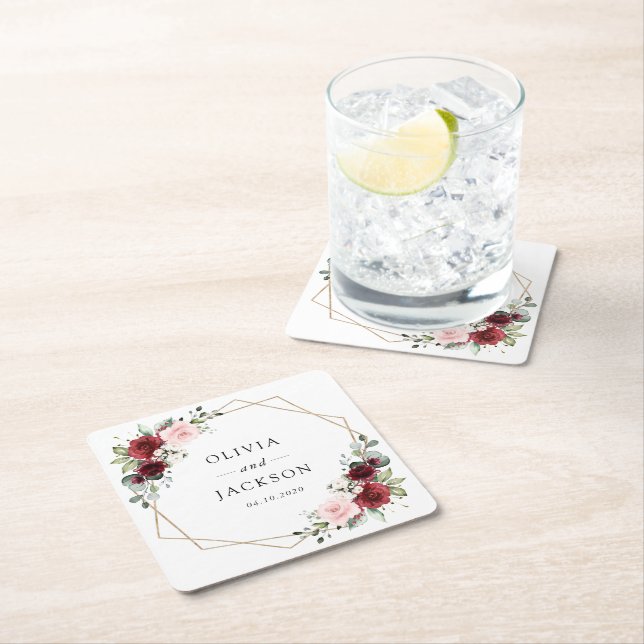 Burgundy Flowers, Pink Flowers, Greenery, Wedding Square Paper Coaster (Insitu)