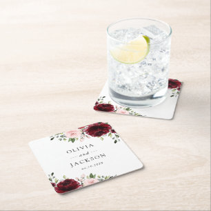 Burgundy Flowers, Pink Flowers, Greenery, Wedding Square Paper Coaster