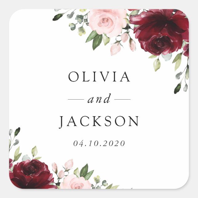 Burgundy Flowers, Pink Flowers, Greenery, Wedding Square Sticker (Front)