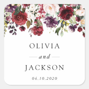 Burgundy Flowers, Pink Flowers, Greenery, Wedding Square Sticker