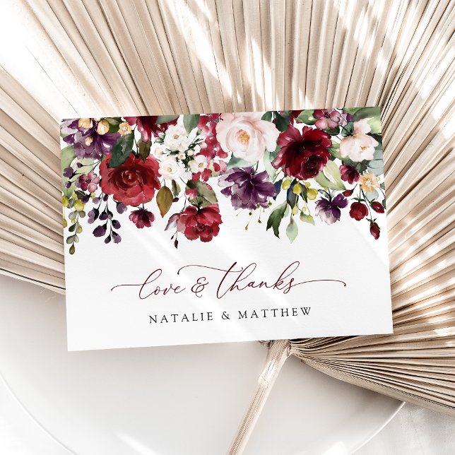 Burgundy Flowers, Pink Flowers, Greenery, Wedding Thank You Card (Creator Uploaded)