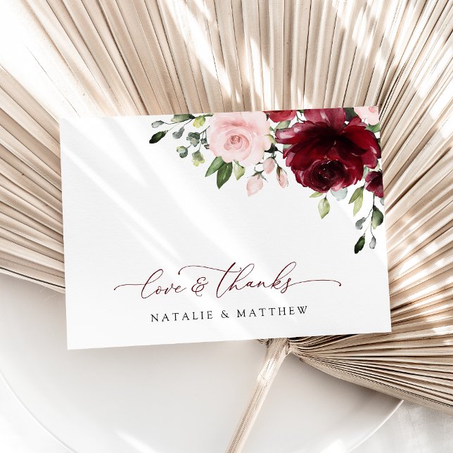 Burgundy Flowers, Pink Flowers, Greenery, Wedding Thank You Card (Creator Uploaded)